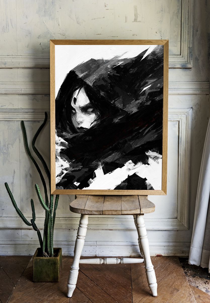 Monochrome Hooded Figure — Fine-Art Print. room preview