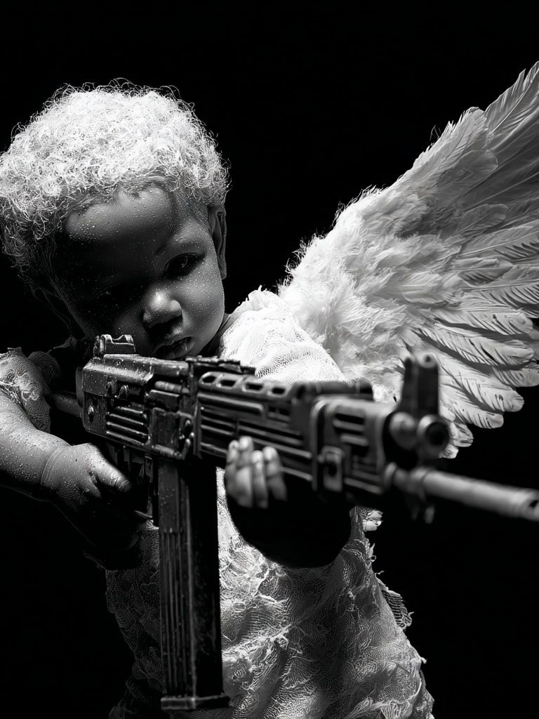 Angel Child with Rifle Black-White Print. poster detail