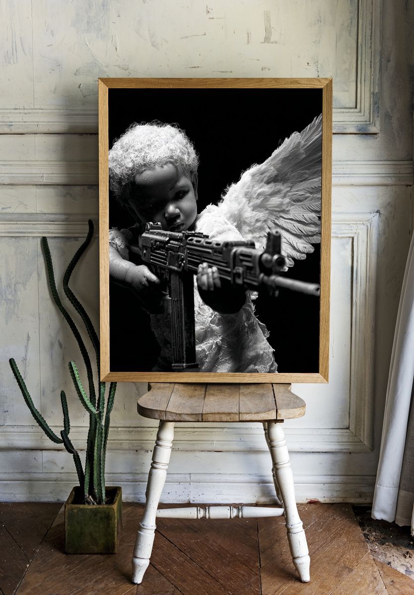 Angel Child with Rifle Black-White Print room preview