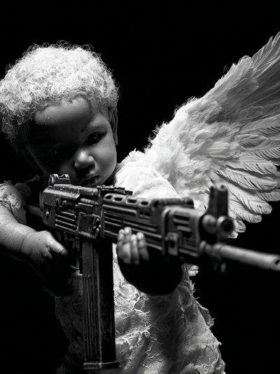 Angel Child with Rifle Black-White Print. poster print