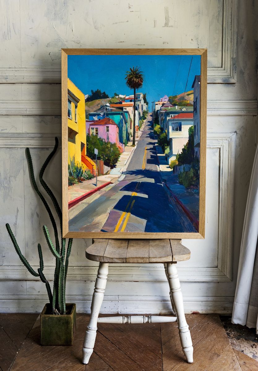Colorful Hillside Street — Fine-Art Print. room preview