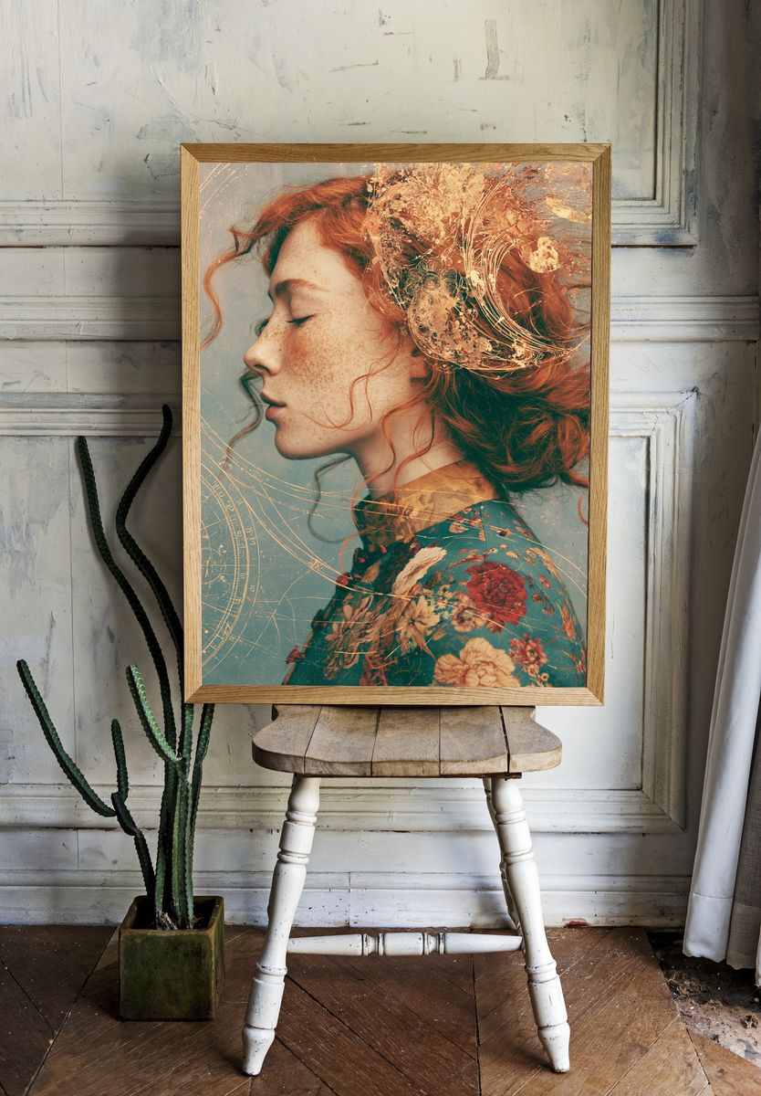 Red-Haired Portrait Surreal Print. room preview