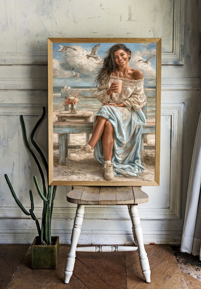 Seaside Woman with Seagulls Poster. room preview