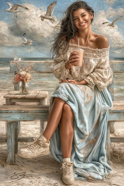 Seaside Woman with Seagulls Poster. poster print