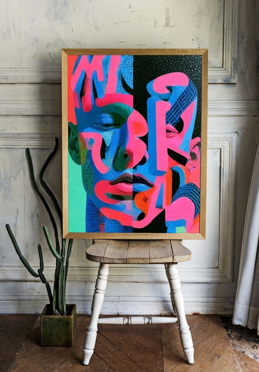 Neon Cubist Face Poster. room preview