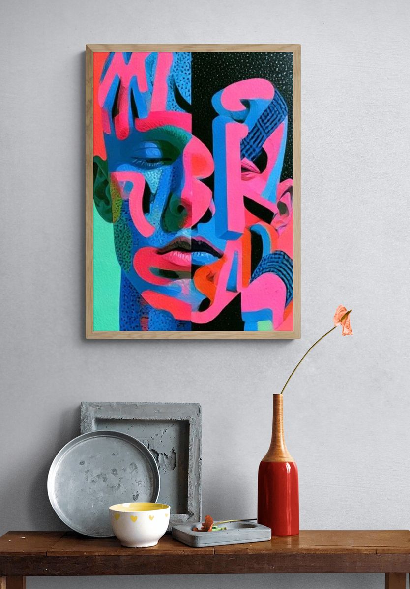 Neon Cubist Face Poster. — room view 3