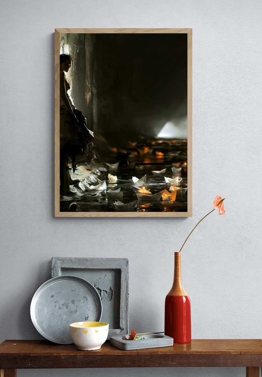 Dreamlike Lantern Girl Fine-Art Poster. — room view 3