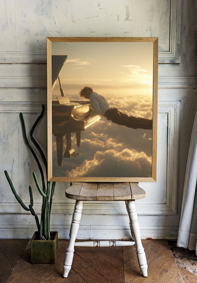 Piano Above the Clouds Surrealism Print. room preview