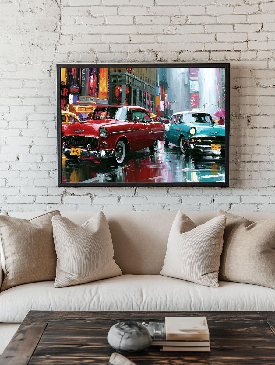 Classic Cars in Times Square Print. room preview
