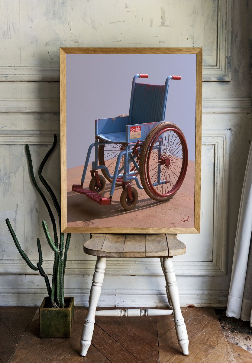 Blue Wheelchair Surrealist Print. room preview