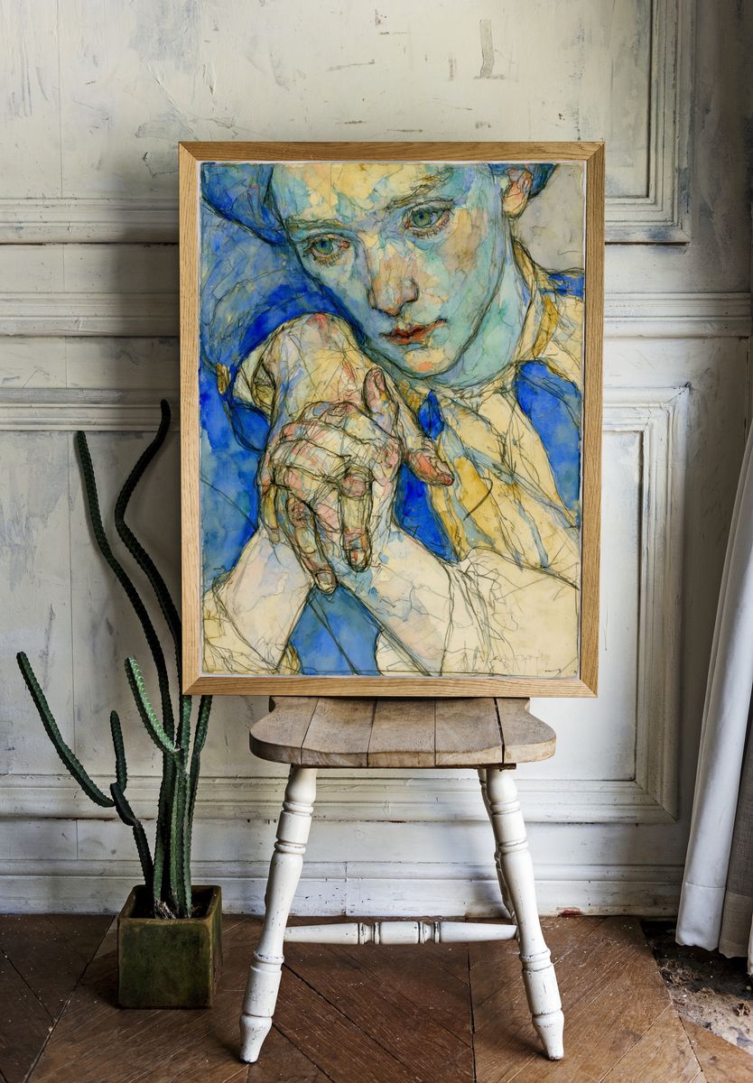 Blue Portrait Watercolor Print. — room view 1