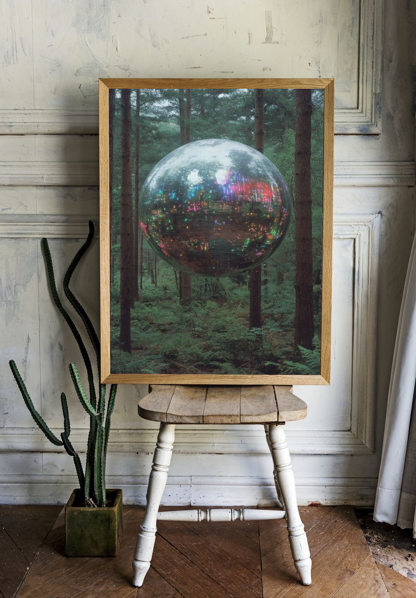 Disco Ball Forest Surreal Print. room preview