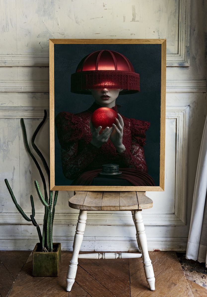 Crimson Orb Surreal Portrait Print. room preview