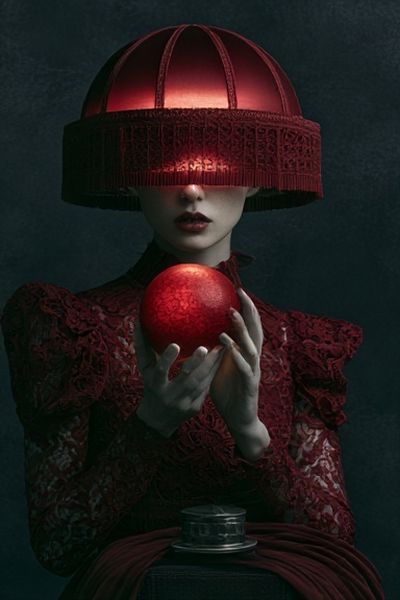Crimson Orb Surreal Portrait Print. poster