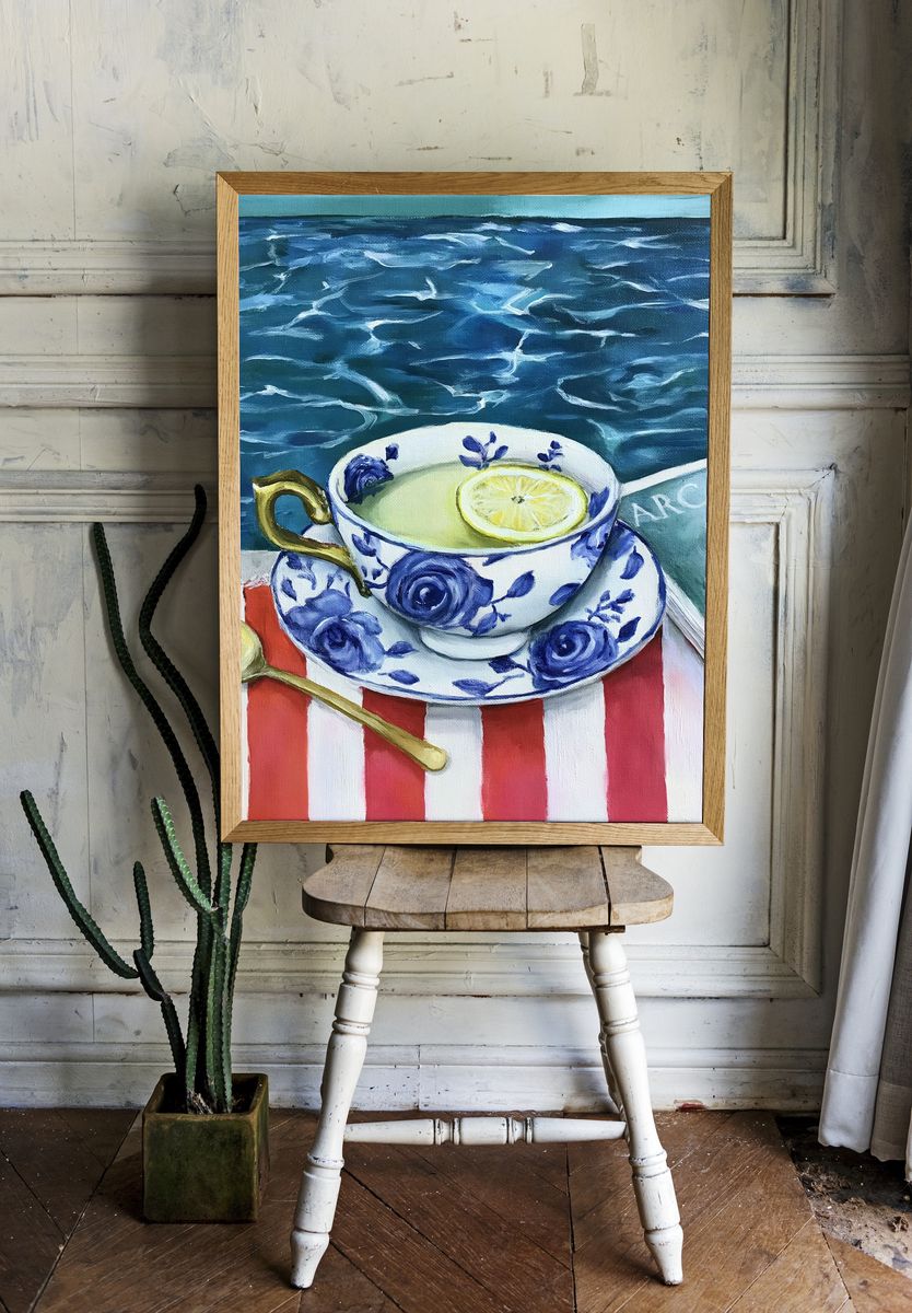 Blue Floral Teacup Still Life Print. room preview