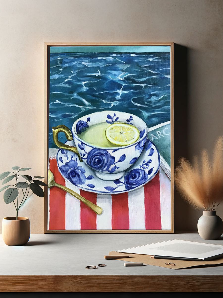 Blue Floral Teacup Still Life Print. — room view 2