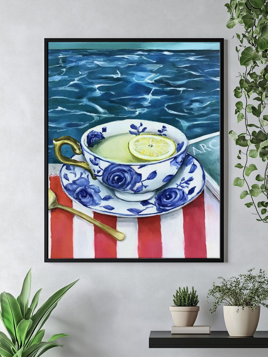 Blue Floral Teacup Still Life Print. — room view 4