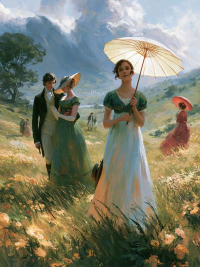 Victorian Meadow Stroll Illustration Poster.