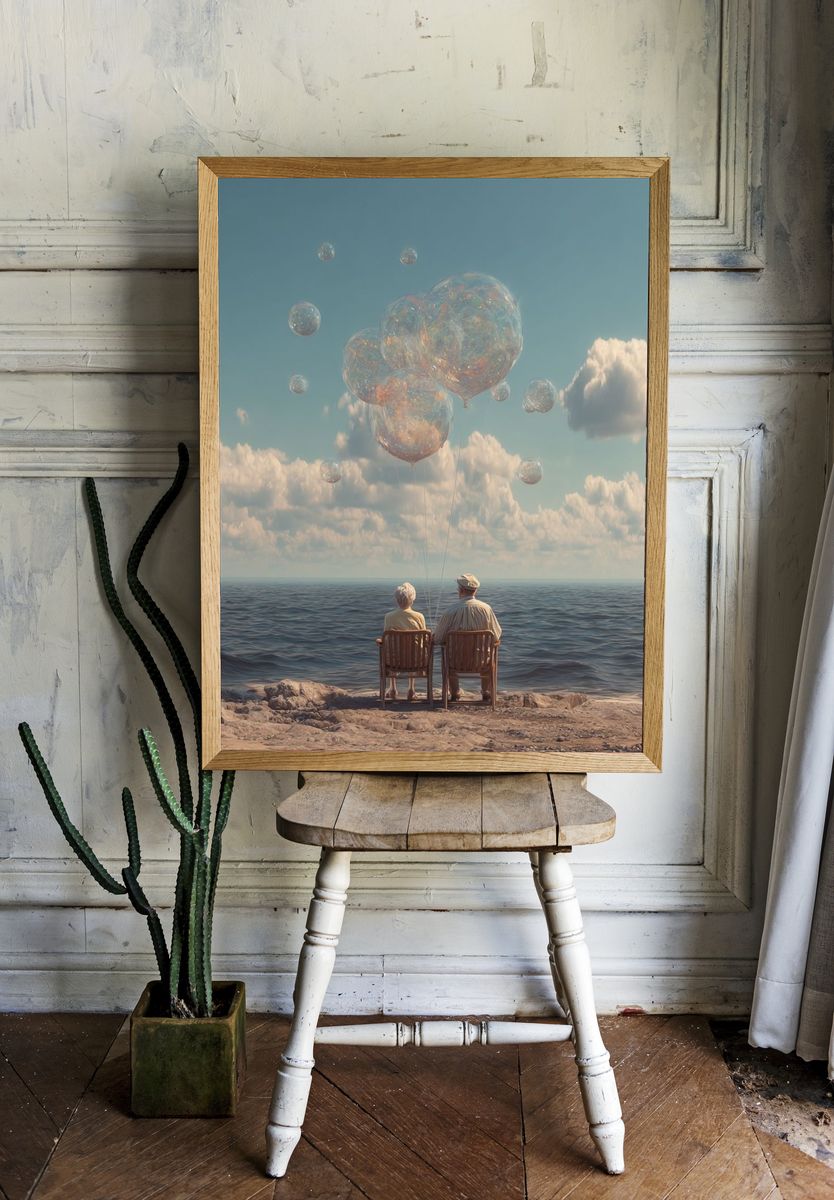 Dreamy Seaside Balloons Surrealism Print. room preview