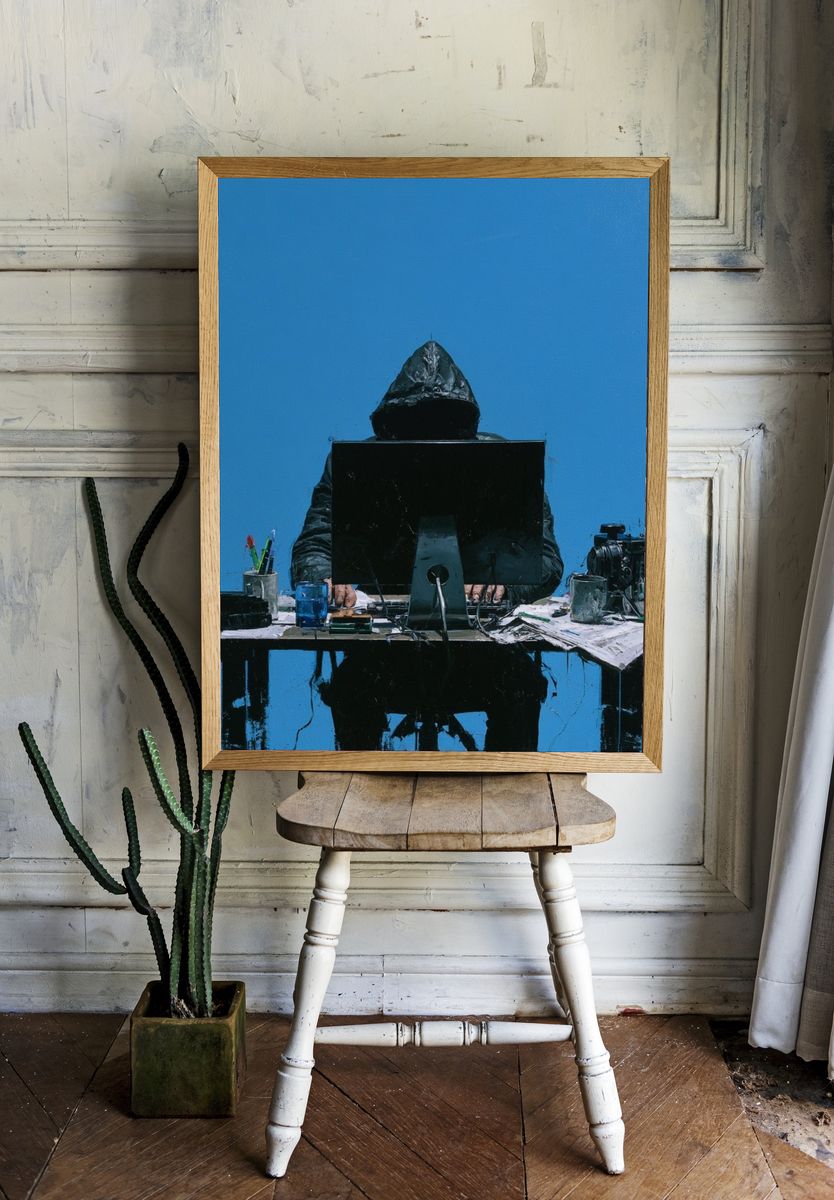 Hooded Figure at Desk — Contemporary Print. — room view 1