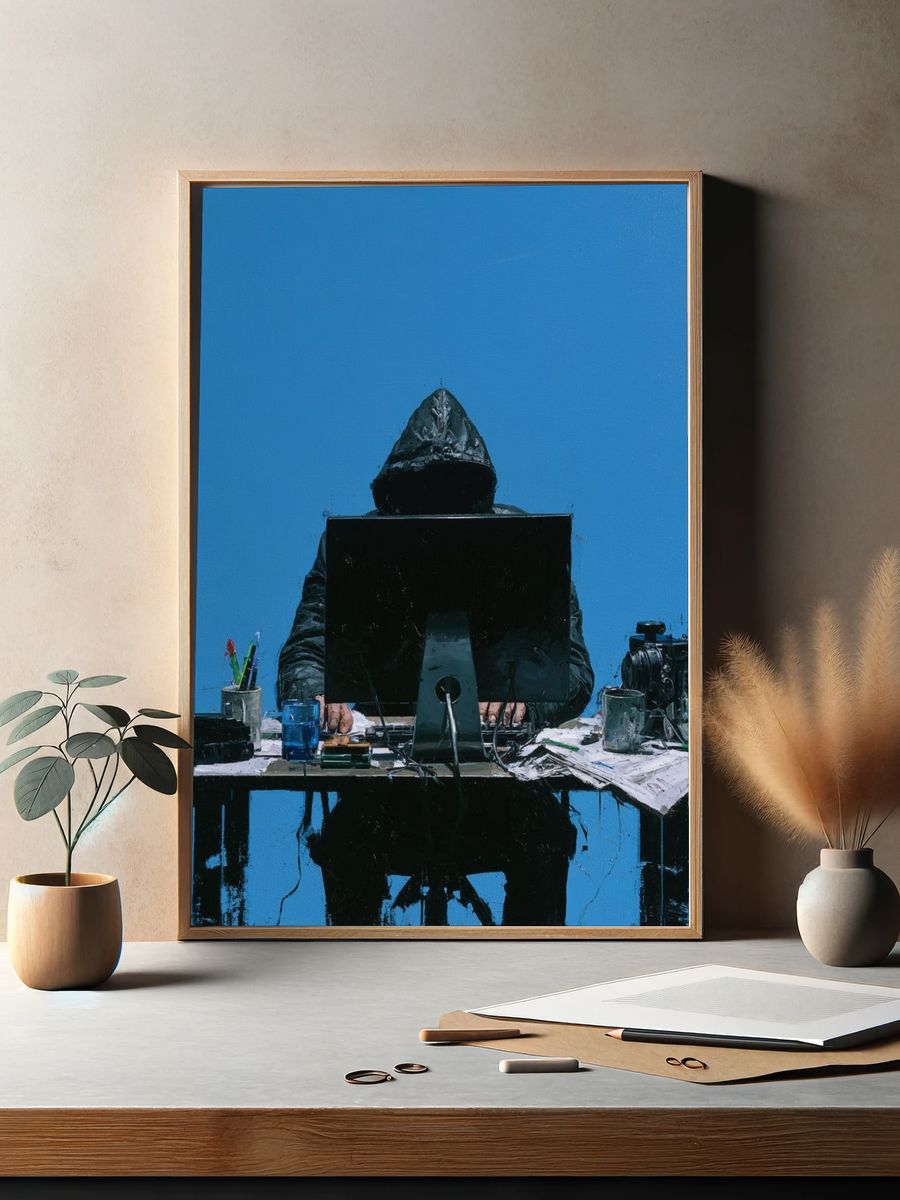 Hooded Figure at Desk — Contemporary Print. — room view 2