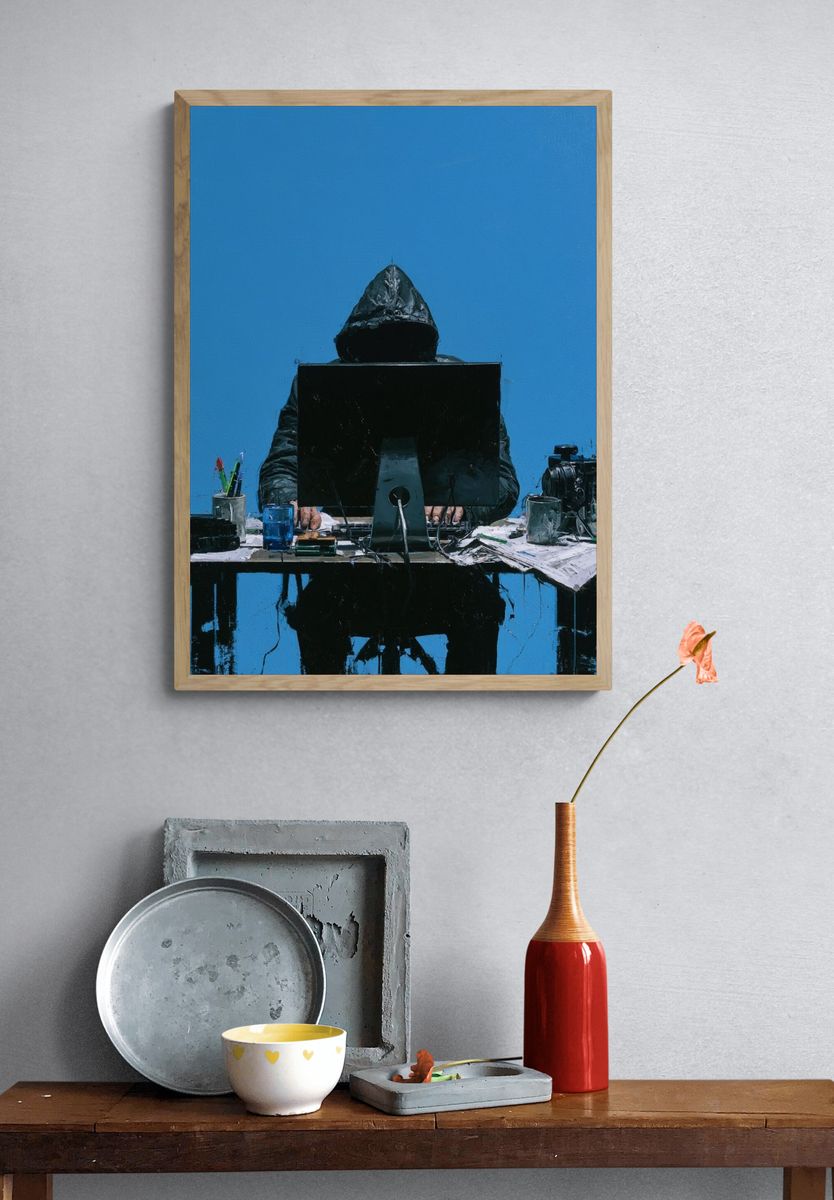 Hooded Figure at Desk — Contemporary Print. — room view 3