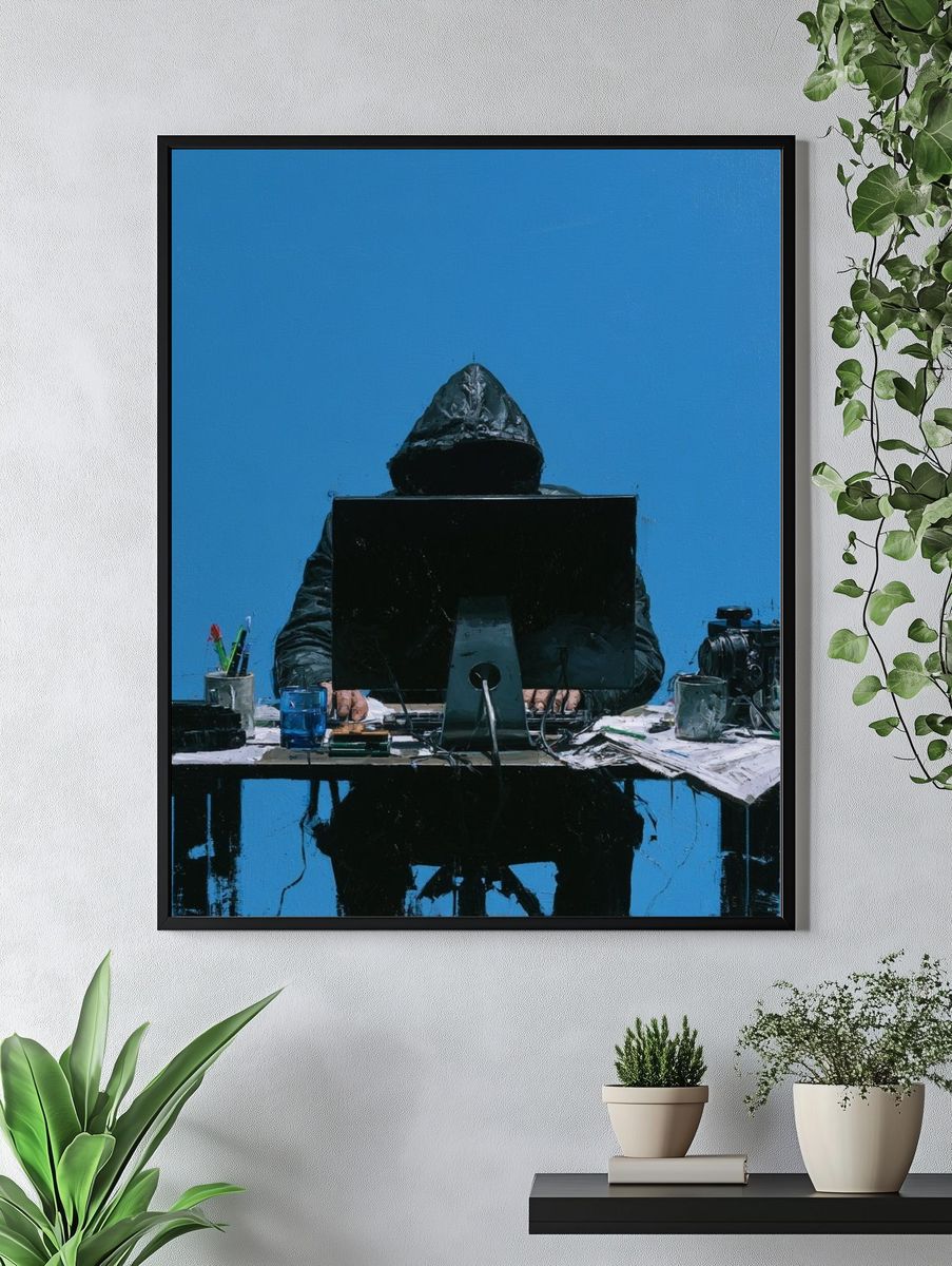Hooded Figure at Desk — Contemporary Print. — room view 4
