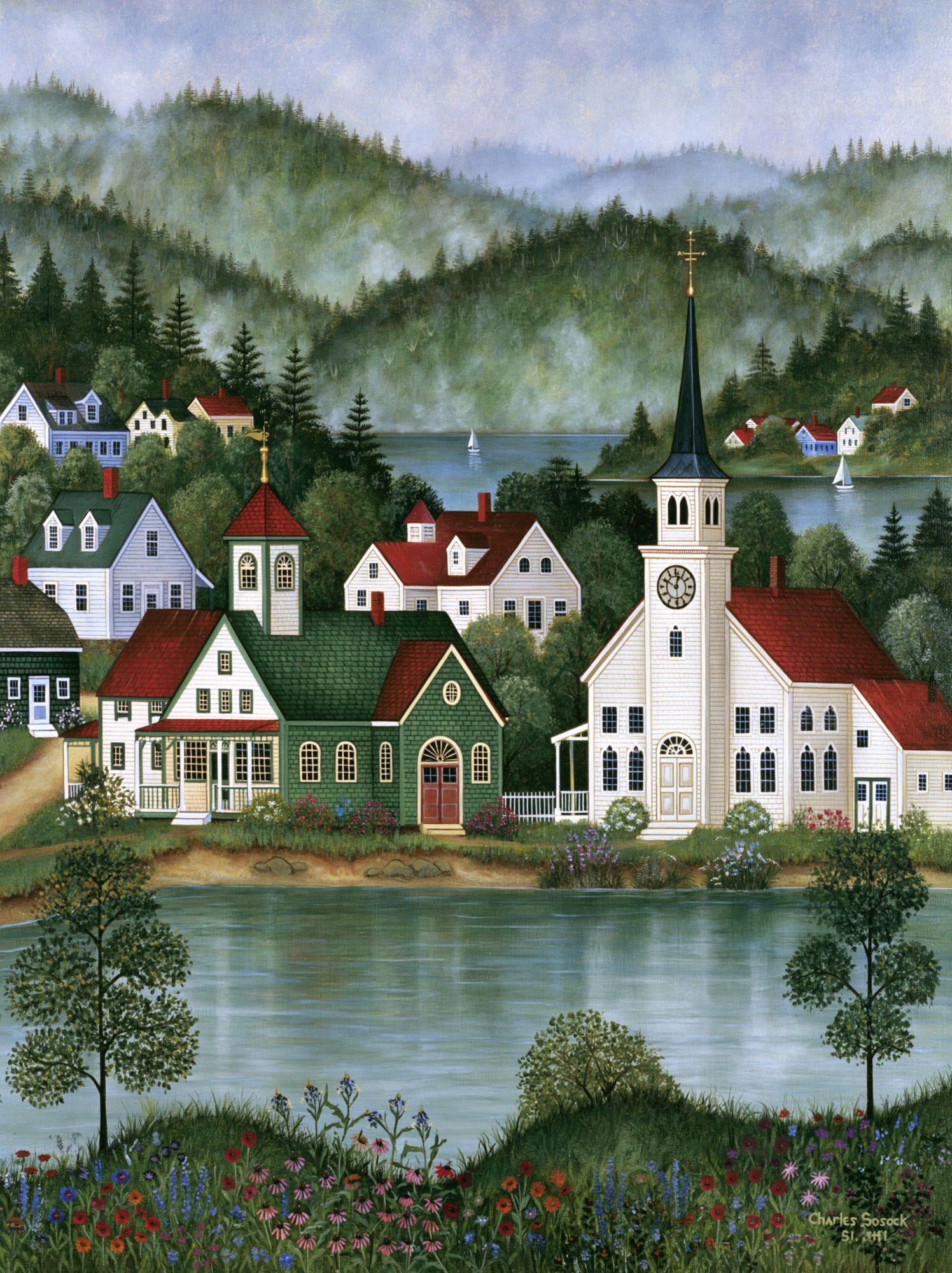 New England Village Landscape Print. poster detail