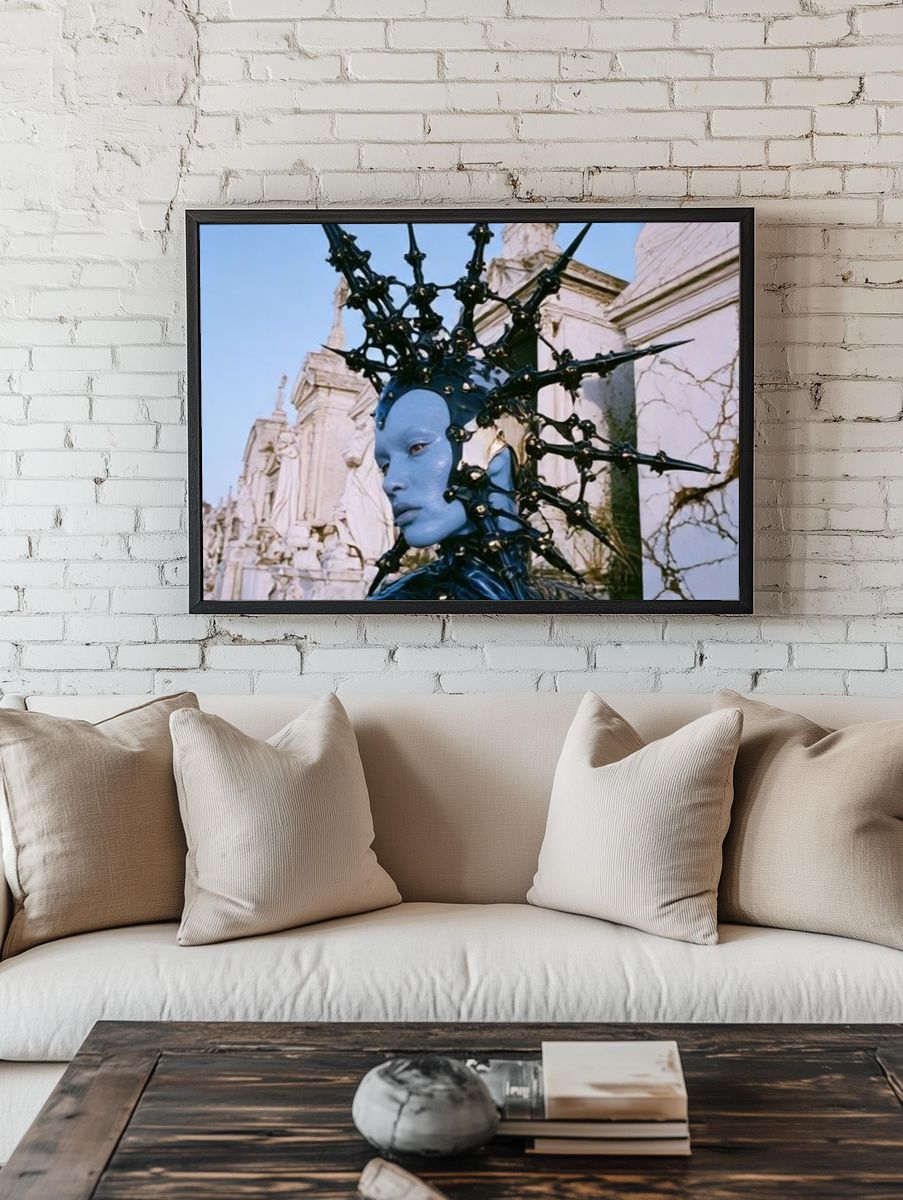 Blue Surreal Mask Fine-Art Print. room preview