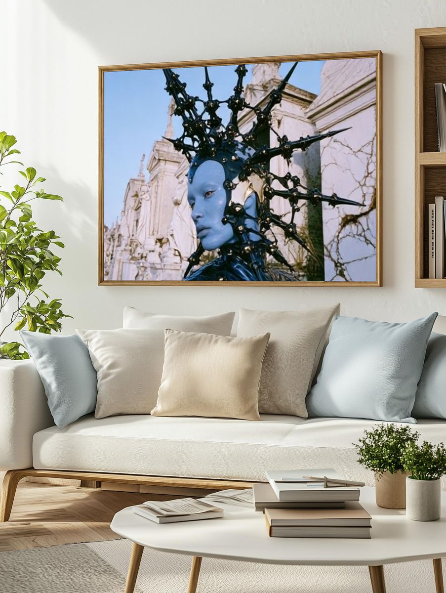 Blue Surreal Mask Fine-Art Print. — room view 2