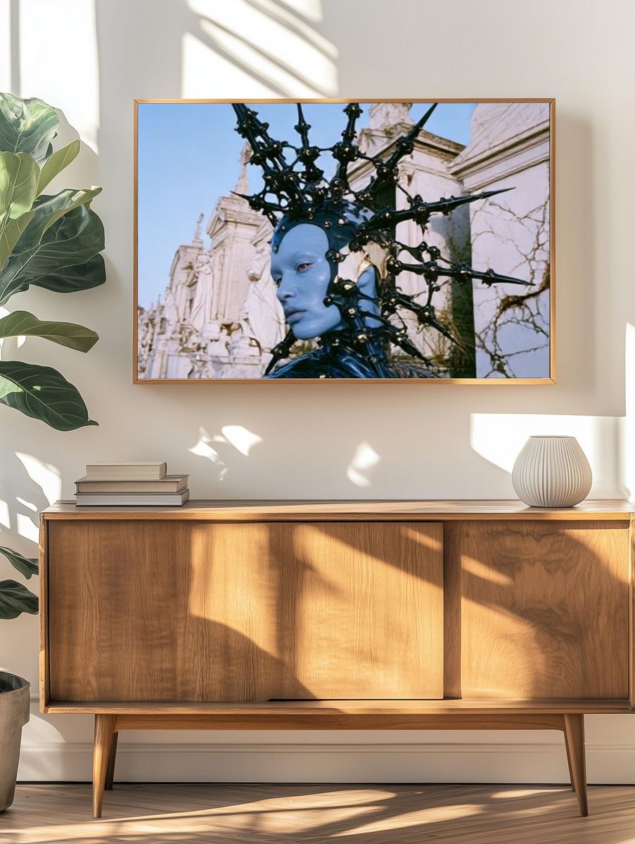 Blue Surreal Mask Fine-Art Print. — room view 3