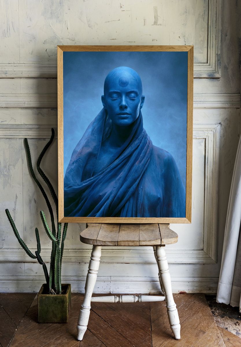 Blue Meditative Figure Fine-Art Print. room preview