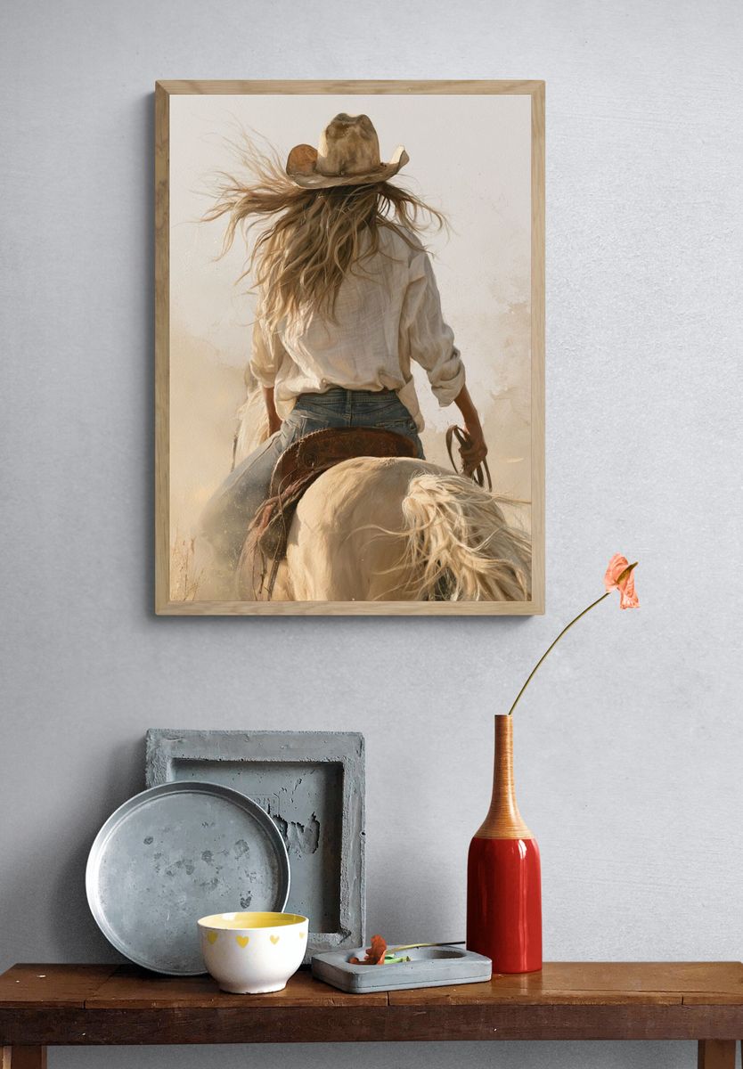 Cowgirl on Horseback — Fine-Art Print. — room view 3
