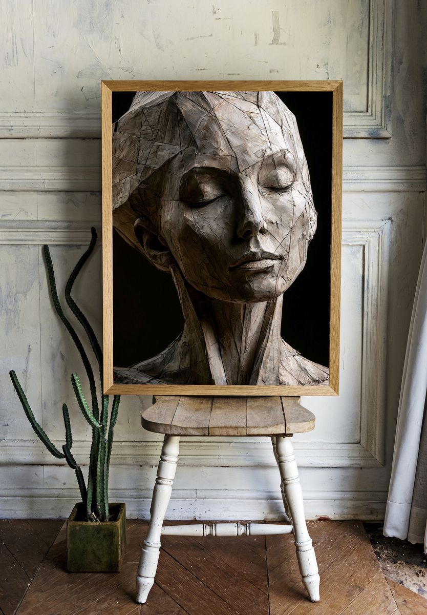 Wooden Face Sculpture Print. — room view 1