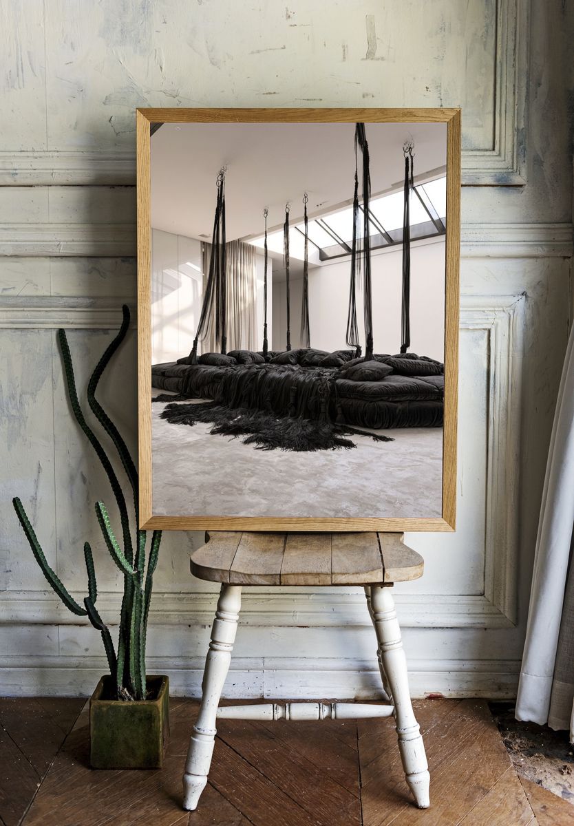 Suspended Black Textile Installation Print. room preview
