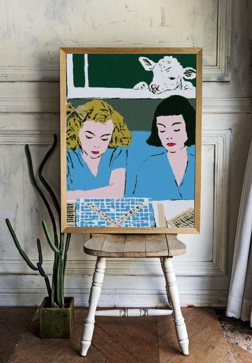 Two Women with Calf — Fine-Art Print. room preview