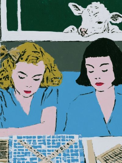 Two Women with Calf — Fine-Art Print. poster