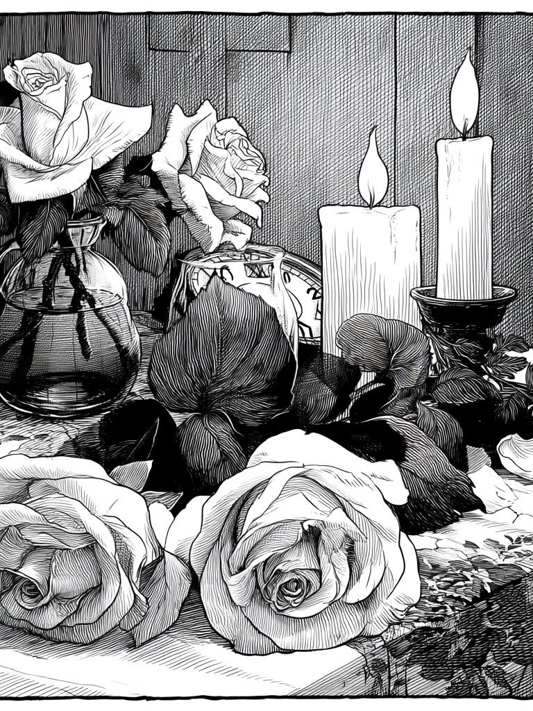 Roses and Candles Ink Print. poster — fine-art art