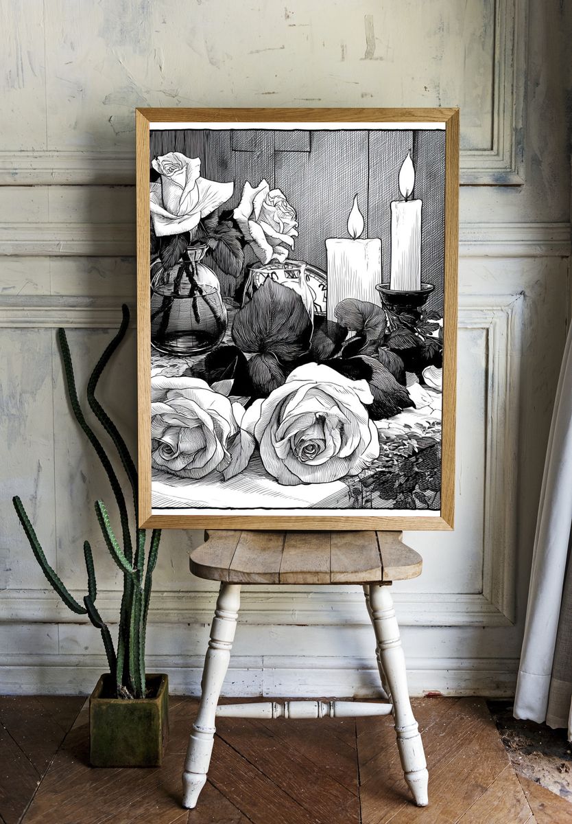 Roses and Candles Ink Print. — room view 1