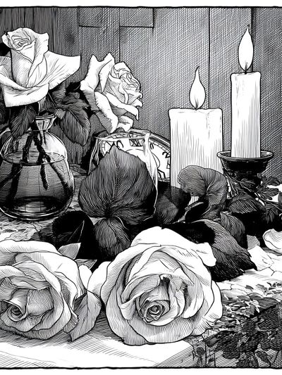 Roses and Candles Ink Print.