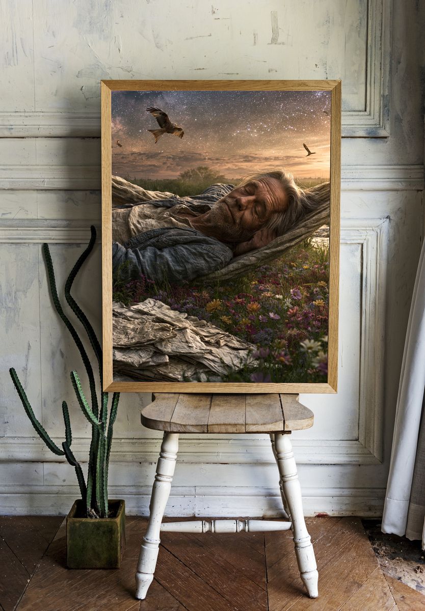 Dreaming Man Under Starry Sky Poster. — room view 1