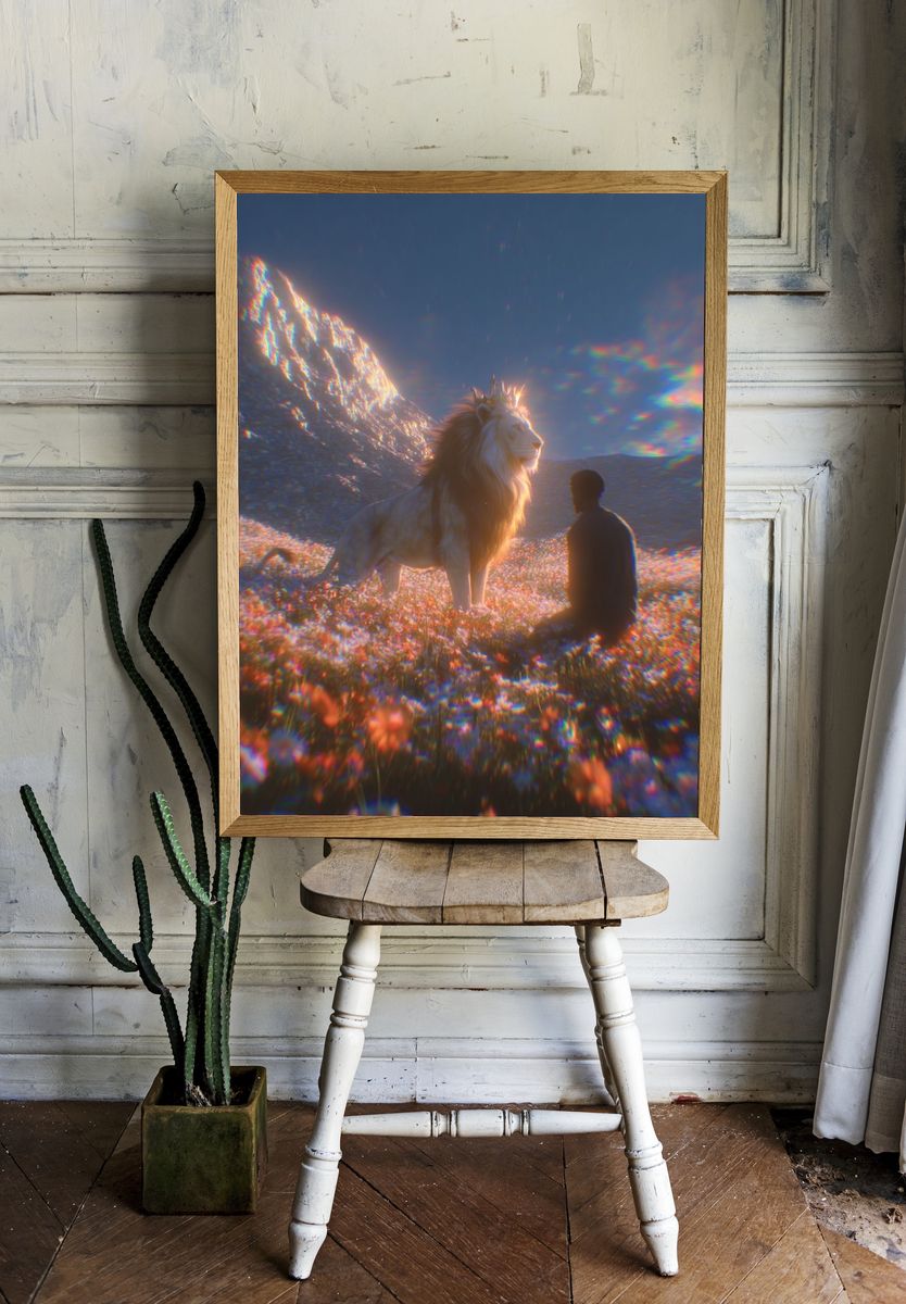 Lion and Seated Figure Surreal Print. — room view 1