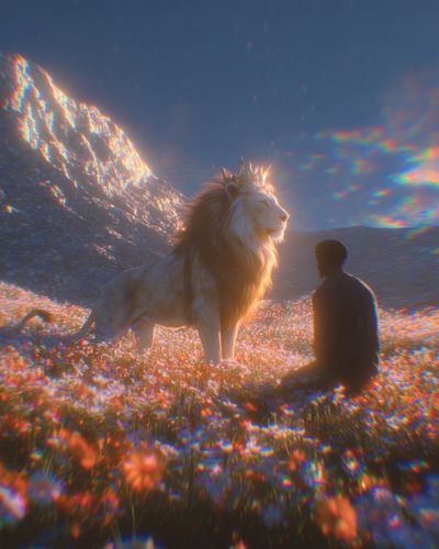 Lion and Seated Figure Surreal Print. poster