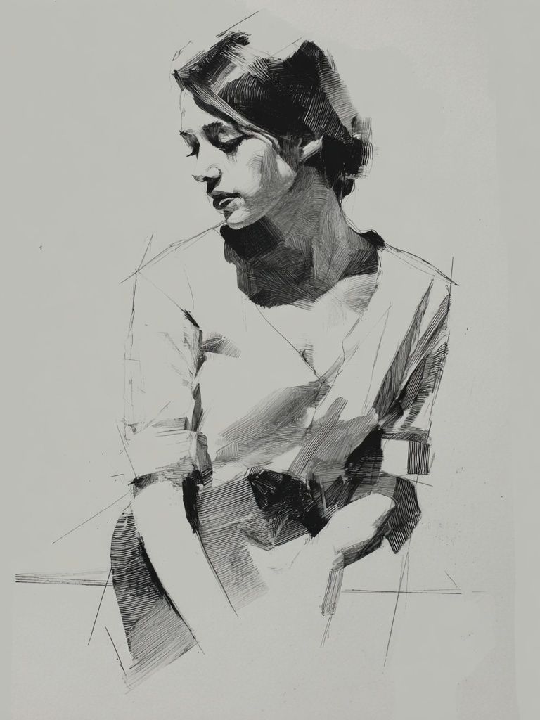 Contemplative Woman Sketch Print. poster — fine-art art