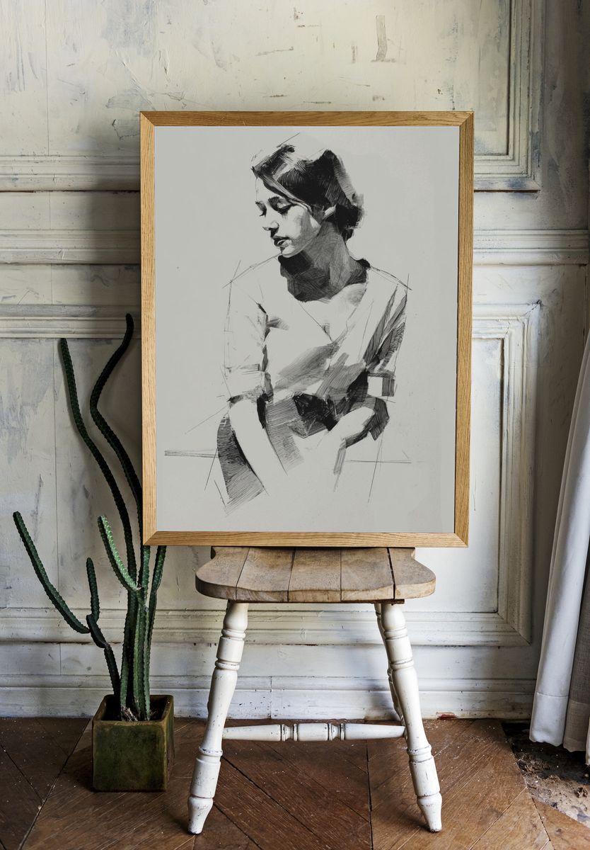 Contemplative Woman Sketch Print. — room view 1