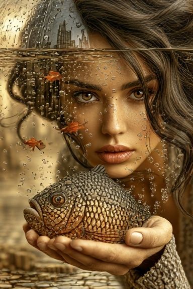 Surreal Woman and Fish Portrait Print. poster — fine-art art