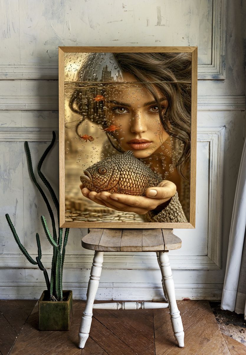Surreal Woman and Fish Portrait Print. room preview