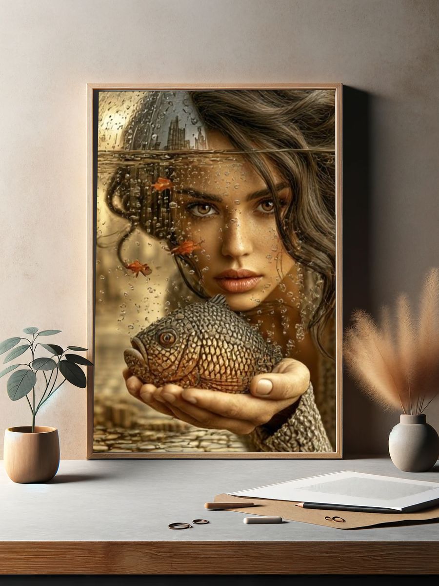 Surreal Woman and Fish Portrait Print. — room view 2