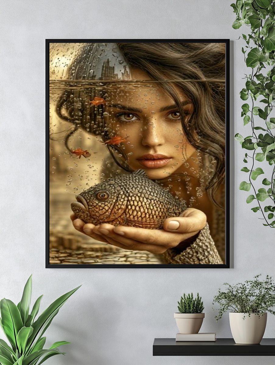 Surreal Woman and Fish Portrait Print. — room view 4