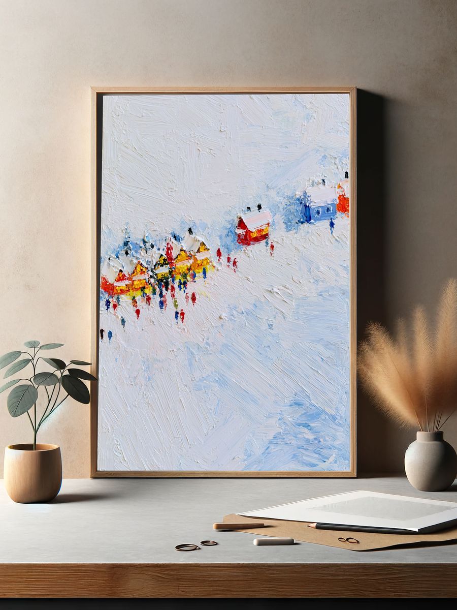 Snowy Village Abstract Print. — room view 2